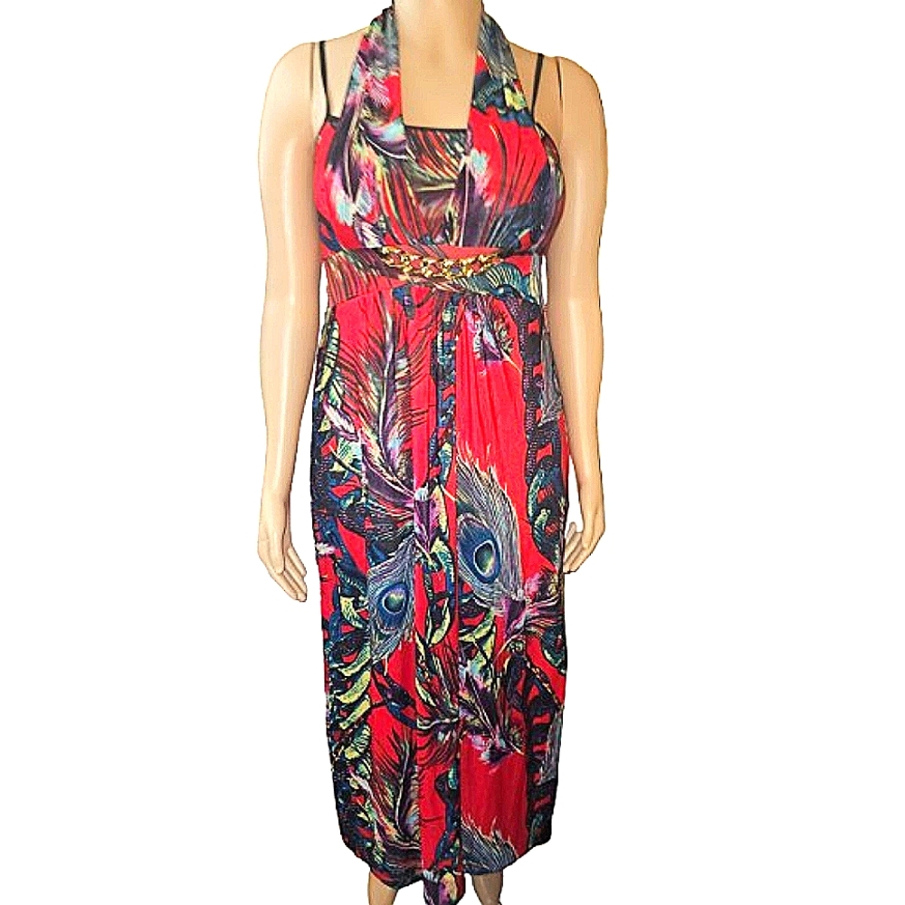 Red Peacock Print Halter Maxi Dress L